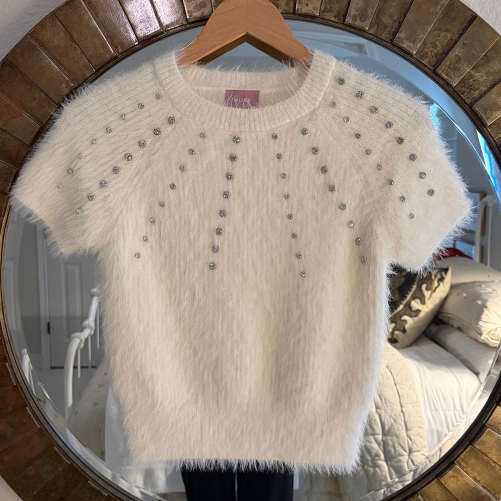 Muse White Fuzzy Sweater with Silver Accents